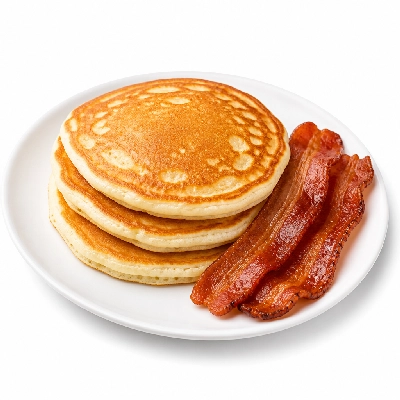 Village Inn Breakfast Items Buttermilk Pancake Combo with 2 Bacon Strips