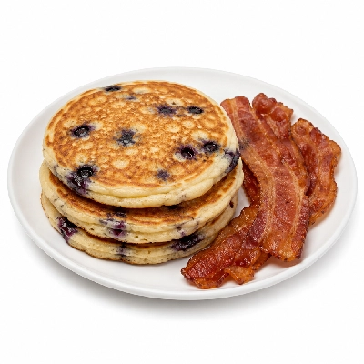 Village Inn Breakfast Items Double Blueberry Pancakes with 2 Bacon Strips