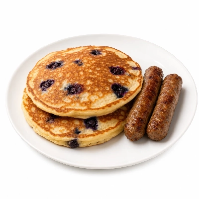 Village Inn Breakfast Items Double Blueberry Pancakes with 2 Sausage Links