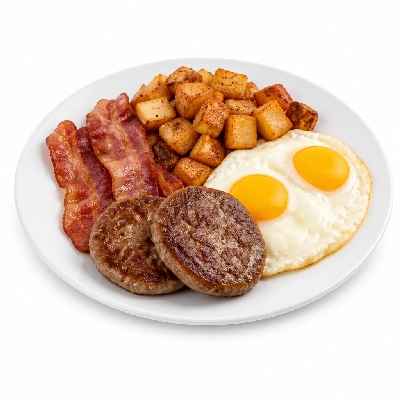 Village Inn Breakfast Items Hearty Meat & Egg Special with 2 Sausage Patties