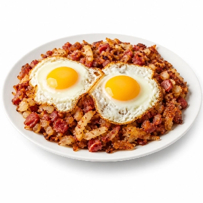Village Inn Breakfast Items Hearty Meat & Egg Special with Corned Beef Hash