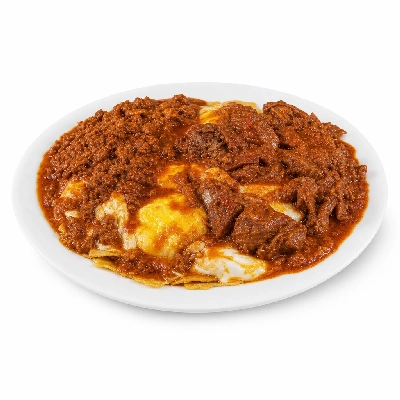 Village Inn Breakfast Items Huevos Rancheros with Carne Adovada and Beefy Red Chili