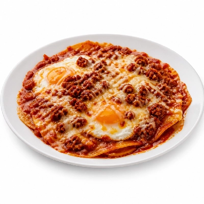 Village Inn Breakfast Items Huevos Rancheros with Chorizo and Beefy Red Chili