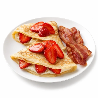 Village Inn Breakfast Items Strawberry Crepes Combo with 2 Bacon Strips