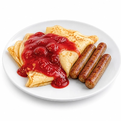 Village Inn Breakfast Items Strawberry Crepes Combo with 2 Sausage Links