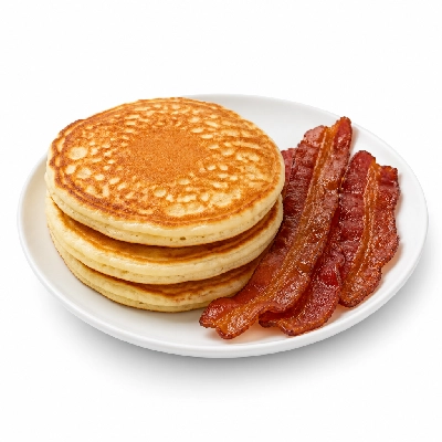 Village Inn Late Night Items Buttermilk Pancake Combo with 2 Bacon Strips