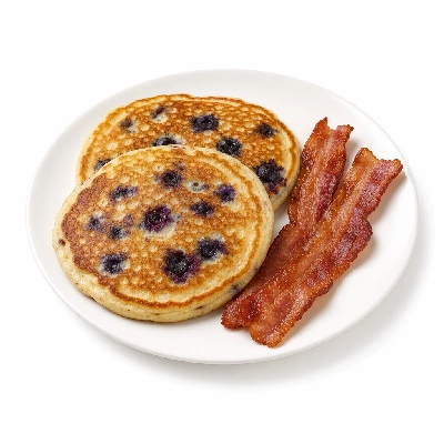 Village Inn Late Night Items Double Blueberry Pancakes with 2 Bacon Strips