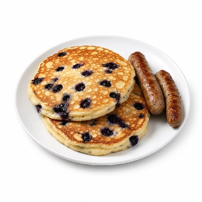 Village Inn Late Night Items Double Blueberry Pancakes with 2 Sausage Links