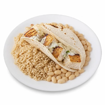 Wahoo's Fish Taco 1988 Charbroiled Fish Taco Side Brown Rice White Beans