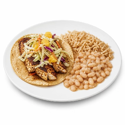 Wahoo's Fish Taco Citrus Slaw Blackened Chicken Taco Side Brown Rice White Beans