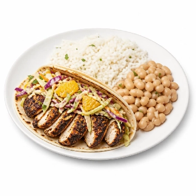 Wahoo's Fish Taco Citrus Slaw Blackened Chicken Taco Side White Rice White Beans