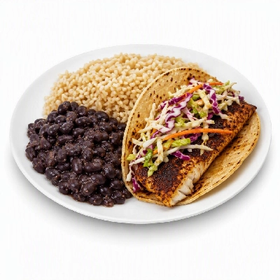 Wahoo's Fish Taco Citrus Slaw Blackened Fish Taco Side Brown Rice Black Beans