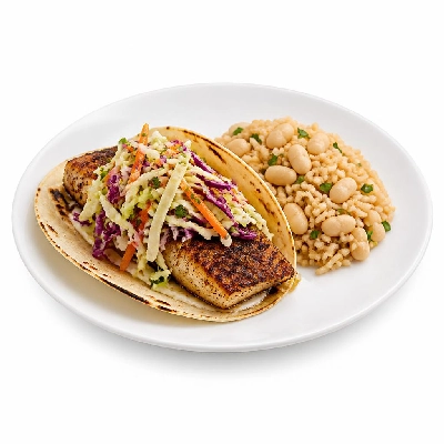 Wahoo's Fish Taco Citrus Slaw Blackened Fish Taco Side Brown Rice White Beans
