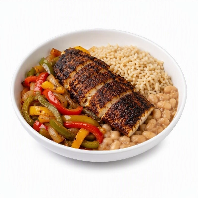 Wahoo's Fish Taco Fajita Veggie Bowl Blackened Fish Brown Rice White Beans