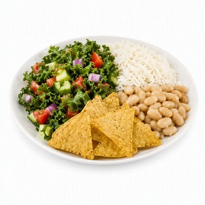 Wahoo's Fish Taco Kale Kai Salad Veggie White Rice White Beans with Chips