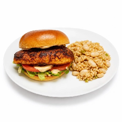 Wahoo's Fish Taco Shredder Sandwich Fish Blackened Brown Rice White Beans