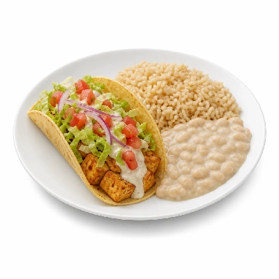 Wahoo's Fish Taco Skinny 1988 Tofu Taco Side Brown Rice White Beans