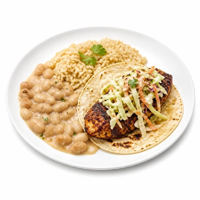Wahoo's Fish Taco Skinny Citrus Slaw Blackened Fish Taco Side Brown Rice White Beans