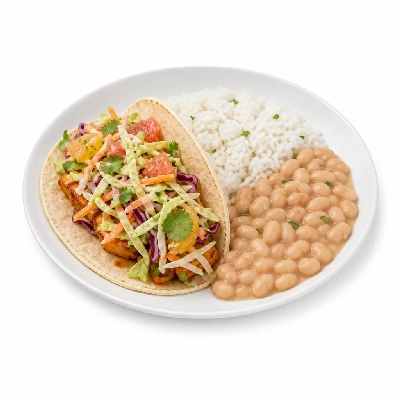 Wahoo's Fish Taco Skinny Citrus Slaw Vegetarian Taco White Rice White Beans