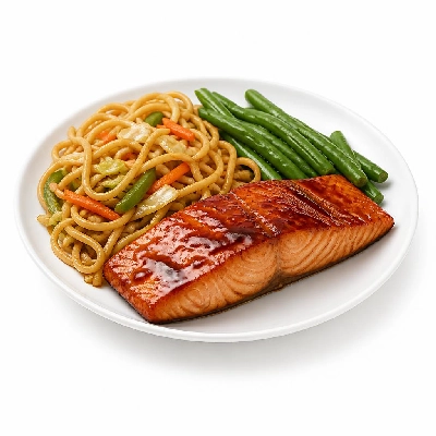 Wegmans Prepared Foods Asian Bowls Teriyaki Salmon with Vegetable Lo Mein & Green Beans