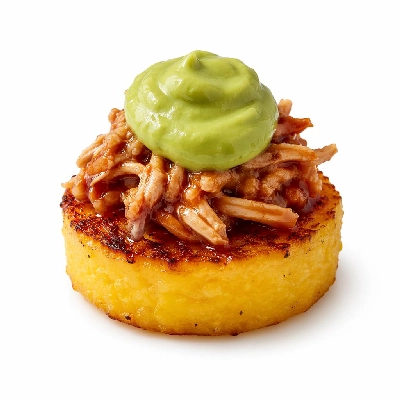 Whole Foods Market Recipes Appetizers Seared Cheddar Polenta Rounds with Barbecued Chicken and Avocado Sauce
