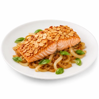 Whole Foods Market Recipes Main Dishes Almond Crusted Salmon with Caramelized Onions and Basil