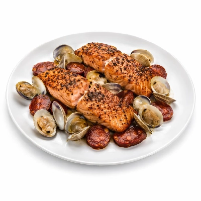 Whole Foods Market Recipes Main Dishes Black Pepper Crusted Salmon with Littleneck Clams and Chorizo