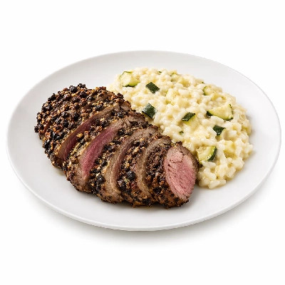 Whole Foods Market Recipes Main Dishes Dried Mushroom Crusted Lamb with Zucchini Robiola Risotto