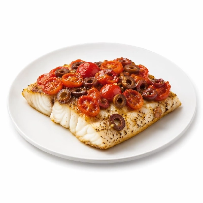 Whole Foods Market Recipes Main Dishes Halibut with Roasted Tomato and Olive Topping