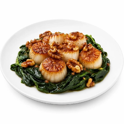 Whole Foods Market Recipes Main Dishes Lime Seared Scallops with Spinach and Caramelized Walnuts
