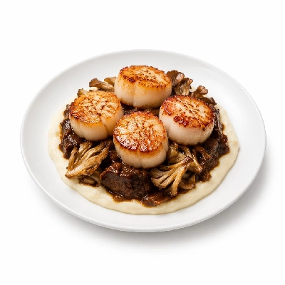 Whole Foods Market Recipes Main Dishes Seared Scallops with Braised Short Rib Ragout Cauliflower and Maitake Mush