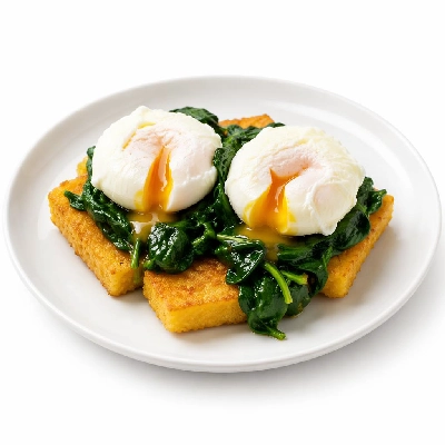Whole Foods Market Recipes Poached Eggs on Manchego Polenta Croutons with Spinach