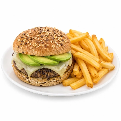 Yard House Grilled Burgers Avocado Swiss on Multigrain Bun (1 Sandwich) with French Fries