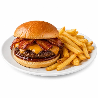 Yard House Grilled Burgers BBQ Bacon and Cheddar (1 Sandwich) with French Fries