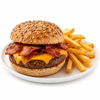 Yard House Grilled Burgers BBQ Bacon and Cheddar on Multigrain Bun (1 Sandwich) with French Fries