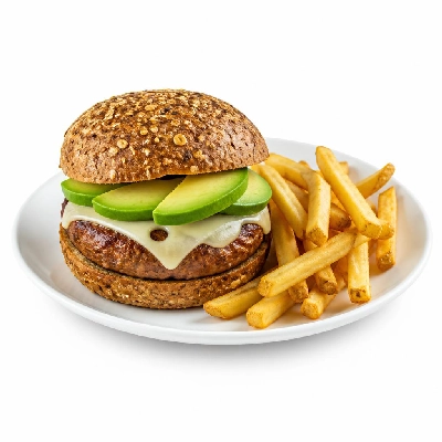 Yard House Grilled Burgers Gardein Avocado Swiss on Multigrain Bun (1 Sandwich) with French Fries