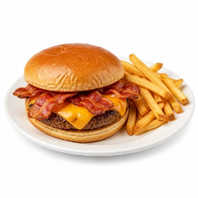 Yard House Grilled Burgers Gardein BBQ Bacon and Cheddar (1 Sandwich) with French Fries
