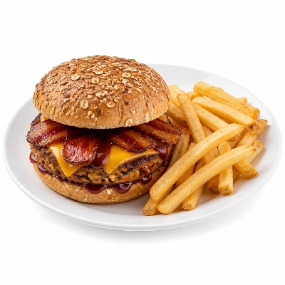Yard House Grilled Burgers Gardein BBQ Bacon and Cheddar on Multigrain Bun (1 Sandwich) with French Fries