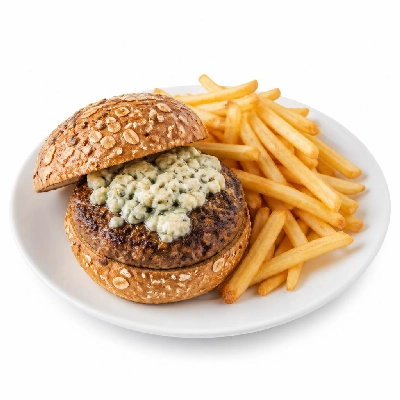 Yard House Grilled Burgers Gardein Pepper Crusted Gorgonzola on Multigrain Bun (1 Sandwich) with French Fries
