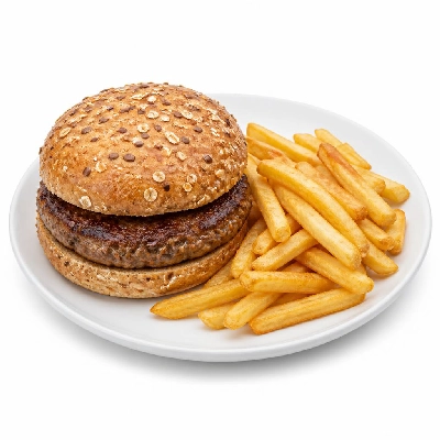 Yard House Grilled Burgers Gardein Surf and Turf on Multigrain Bun (1 Sandwich) with French Fries
