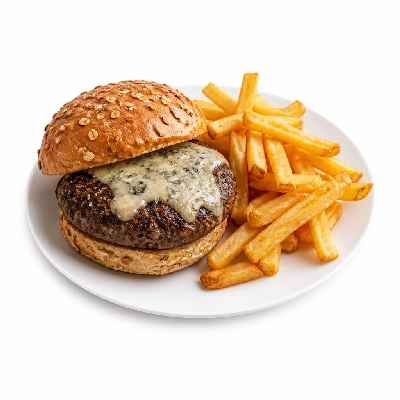 Yard House Grilled Burgers Pepper Crusted Gorgonzola on Multigrain Bun (1 Sandwich) with French Fries