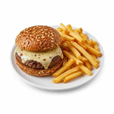 Yard House Grilled Burgers Pepper Jack on Multigrain Bun (1 Sandwich) with French Fries