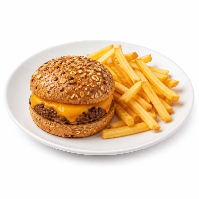 Yard House Kids Menu Items Burger (1 Serving) with Cheddar Cheese French Fries Multigrain Bun