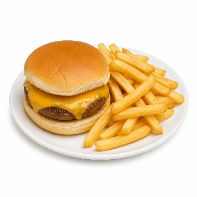 Yard House Kids Menu Items Burger (1 Serving) with Cheddar Cheese French Fries Potato Roll