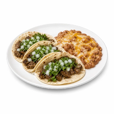 Yard House Street Tacos Asada with Flour Tortillas Three (3 Tacos) with Pinto Bean Casserole