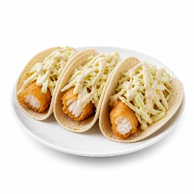 Yard House Street Tacos Baja Fish with Flour Tortillas Three (3 Tacos) with Pinto Bean Casserole