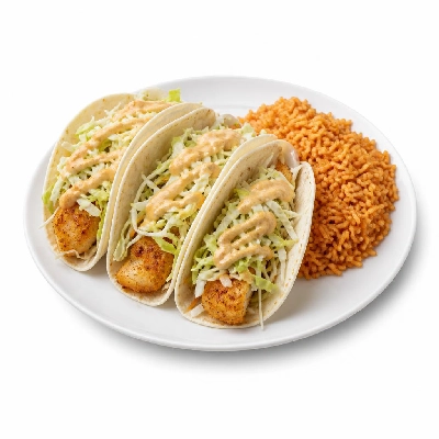 Yard House Street Tacos Baja Fish with Flour Tortillas Three (3 Tacos) with Spicy Rice
