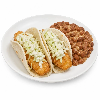 Yard House Street Tacos Baja Fish with Flour Tortillas Two (2 Tacos) with Pinto Bean Casserole