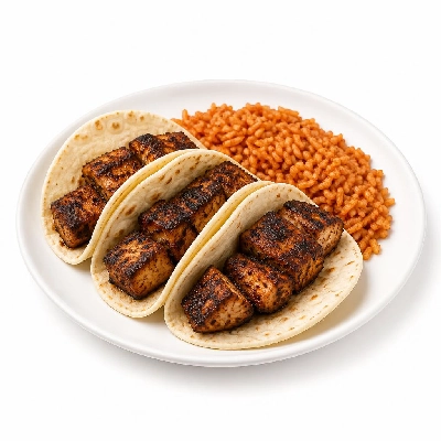 Yard House Street Tacos Blackened Swordfish with Flour Tortillas Three (3 Tacos) with Spicy Rice