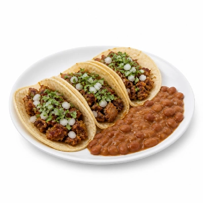 Yard House Street Tacos Carnitas with Flour Tortillas Three (3 Tacos) with Pinto Bean Casserole